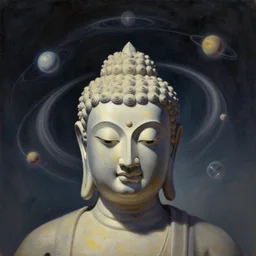 a solar system rotating around the head of a biomechanical buddha, volumetric lighting, volumetric shadows, symmetrical, concept art, realistic oil painting by tim hilderbrandt,