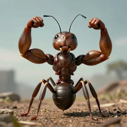 big ant poses with human charisma, shows muscles, cinematic, 4k,
