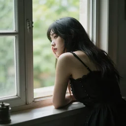 a goth girl looking out of her window on a hot day, exhausted, view from inside