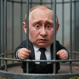 shocked putin dwarf with tears in cage, cage, hell, hyper - realistic, sharp focus, depth of field, hyper - detailed visionary art, symmetric, hell, holy halo, dramatic ambient lighting, high detail, vibrant colors, the thing 1 9 8 2, judgment day, apocalypse,