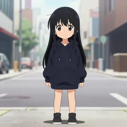 anime visual, portrait of a young black haired girl wearing hoodie on the city street background, one person, cute face by yoh yoshinari, katsura masakazu, studio lighting, full body shot, strong silhouette, zoom out, ilya kuvshinov, cel shaded, crisp and sharp, rounded eyes, bright