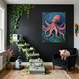 a female pathology student in her apartment, wrapped in vines, medical equipment, stepping stones, octopus, pig, parrot, black walls, ikebana, black armchair, sculpture, acrylic on canvas, surrealist, by magritte and monet