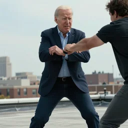 a movie still of joe biden as jason borne in the borne identity, movie trailer, action shot of him in hand to hand combat with another person on a rooftop