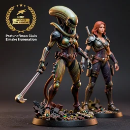 80mm resin detailed miniature of a Alien stand next to a Female warrior, Product Introduction Photos