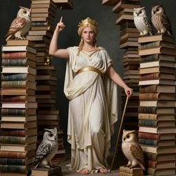jenna dewan as the goddess minerva surrounded by stacks of books, owls, esoteric symbols, in the style of dariusz zawadzki, 8 k, hyperdetailed