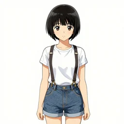 a girl with black hair pixie cut in shorts with suspenders drawn by eisuke ogura, norman rockwell, frank frazetta, peter paul rubens, alphonse mucha, gustav klimt 4k, unreal 5, DAZ, trending on artstation, octane render, hyperrealistic