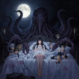 my bed giant girl cthulhu in the dark moon light by gaston bussiere, anna nikonova aka newmilky, greg rutkowski, yoji shinkawa, yoshitaka amano, tsutomu niehi, moebius, donato giancola, geoffroy thoorens, concept art, trending on artstation, featured on pixiv, cinematic composition, 8 k