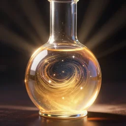 a drink in a glass flask, specular highlights, god rays, glowing liquid, stars swirling inside the liquid, digital art, video game concept art