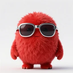 3 d render of completely red hairy friendly antropomorphic cartoony creature wearing chrome shades, without nose, full body, in the style of pixar, simple, cute, white background, unreal engine 5, octane render, highly detailed hdr