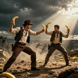 dexter morgan and indiana jones in battle using bananas as weapons, high contrast, photorealistic