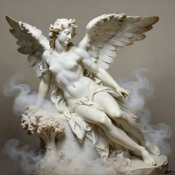 realistic digital painting of a stunning intricate cracked white marble falling angel with face of an piero angela smiling bernini sculpture, trailing white vapor, mycelium stands and misty xparticles neutral tone background, trending on artstation, hyperrealism, matte painting, subsurface scattering