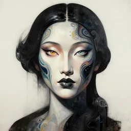 epic concept art. abstract asian female face silhouette mixing with black and color liquid fluid. abstract sculpture. beautiful radiant eyes with heterochromia. art deco swirls. masterpiece, michelangelo. concept art, matte painting. greg rutkowski, wlop, victo ngai, kandinski