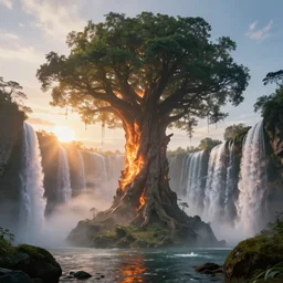 giant tree surrounded by waterfalls, sun setting, ross tran, nephilim, pyroclastic flow, ethereal, fantasy, james jean, oozium, peter morbacher angelarium alchemy luxury heavenly light soft illumination, trending on artstation, cinematic lighting, digital painting, octane render, artgerm