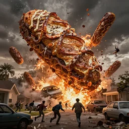 giant buritos falling into and exploding suburban buildings and cars, people running and screaming in terror, dim volumetric lighting, 8 k octane beautifully detailed render, extremely detailed, epic composition, giant food natural disaster, cinematic lighting, masterpiece, trending on artstation, detailed detailed detailed, masterpiece, stunning art by anders zorn, wonderful masterpiece by greg rutkowski, beautiful cinematic light, american romanticism by greg manchess, jessica rossier