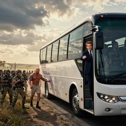 emanuel macron conduisant un bus pour amener une armee de dwayne johnson