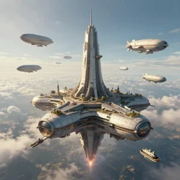 science fiction, fantasy, flying city surrounded by airships, concept