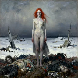 a surrealist painting of a lonely woman with pale skin and red hair, standing over pile of bodies in post apocalyptic snowy landscape, painted by zdzisław beksinski and salvador dali