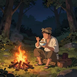 A nomadic merchant sitting at a campfire enjoying a bowl of soup at night in a forest, digital art, wide shot, anime.
