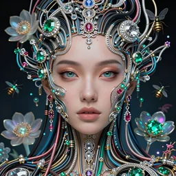 very beautiful woman integrating with technology, full facecentered, portrait, insipiring, detailed intricate ornate cables connected to head, big open electric eyes, luxurious detailed abundent wiring and implants, diamonds, ruby, sci - fi, neon, emeralds, detailed technology background with cyber flowers, insects, highly detailed, artstation, cgsociety, 8 k rene lalique