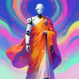 a robot monk wearing a flowing cloak, vaporwave aesthetic, colorful, psychedelic, digital painting, artstation, concept art, smooth, sharp focus, illustration, art by artgerm and greg rutkowski and alphonse mucha