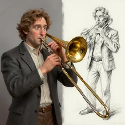 greasy meaty trombone, painting by Grant Wood, 3D rendering by Beeple, sketch by R. Crumb
