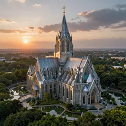 a stunningly detailed cathedral designed by George Lloyd, surrounded by lush green forest, ponds of water, stunning volumetric lighting, sunset, metal, concrete, glass, stunning skies, trending on Artstation, 8k, photorealistic, hyper detailed, unreal engine 5, IMAX quality, cinematic, epic lighting, in the style of Greg Rutkowski