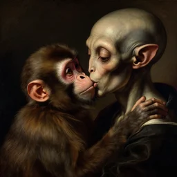 closeup portrait of alien kissing monkey, lucid dream - like heavy atmosphere, baroque painting, harsh flash photo, perfect composition, detailed octane render trending on artstation, 8 k artistic photography, volumetric cinematic perfect light, chiaroscuro, masterpiece, raphael, caravaggio, beksinski, rutkowski, beeple