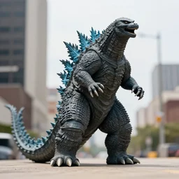 photograph of Godzilla in Columbus Ohio, one point perspective, 1-point perspective, tilt shift, sigma 85mm f/1.4, 4k, depth of field, high resolution, 4k, 8k, hd, full color