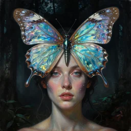 a neoclassicist close - up portrait of a an otherworldy person with surrealist butterfly headwear. iridescent reflective alien textures. foggy forest black background. highly detailed science fiction painting by norman rockwell, frank frazetta, syd mead and moebius. rich colors, high contrast, gloomy atmosphere, dark background. trending on artstation.