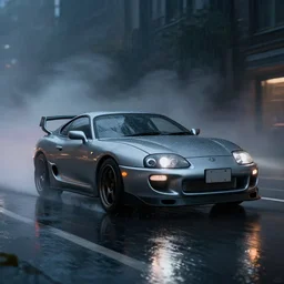 Hyperdetailed, photorealistic photograph of a Toyota Supra MK4 driving in the streets, rain, night, dense fog, HD, unreal engine