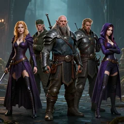 3 6 0 degree panorama of a female mage, a male dwarf, a male warrior, and a female thief. they're standing together.