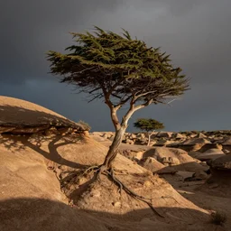 Windswept trees, eroded rock, no soil