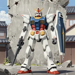 portrait of gundam mech, japanese town background, damaged walls, bullet damage on concrete, detailed mech armour, illustration concept art anime key visual trending pixiv fanbox by wlop and greg rutkowski and makoto shinkai and studio ghibli and kyoto animation alphonse mucha and caravaggio, symmetrical body, detailed armour