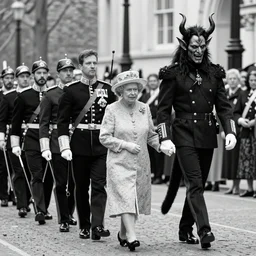 Black and White photo of a Royal Procession with the Queen holding hands with the Devil