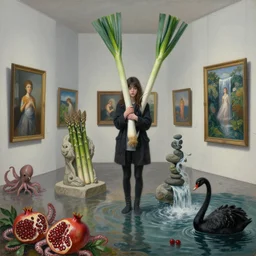 painting of a flooded art gallery with paintings on the walls, a tall emo girl holding a giant leek, stone sculpture of asparagus, pomegranates, octopus, waterfall, zen, black swans, berries, surrealist, by magritte and monet