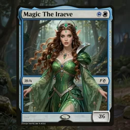 A beautiful Queen of the Fae with brown hair wearing an all-green-pleated dress and a silver diadem, Magic the Gathering card art