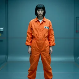 major motoko wearing an orange prison jumpsuit, photography by fred palacio medium full shot still from bladerunner 2 0 4 9, sci fi, bladerunner, canon eos r 3, f / 3, iso 2 0 0, 1 / 1 6 0 s, 8 k, raw, unedited