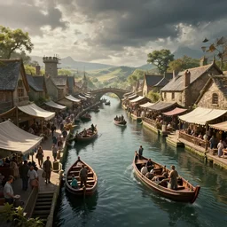 cinematic, panorama, middle - earth marketplace canal with boats and dozens of people, sharp focus, wideshot ultrawide angle epic scale, dynamic dramatic ighting, shadows, cinematic atmosphere, artstation, hyperrealistic 3 d digital art, octane render, 8 k 4 k uhd image