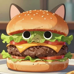 full close up image burger food with cat, cat, close up, full image, food, burger, hamburger, tasty look, artstation, style of jesper ejsing, by rhads, makoto shinkai and lois van baarle, ilya kuvshinov, rossdraws