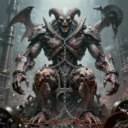 movie still of nova demon, chained, in chaotic dreamed insanity, intricately macerated by age, sentient, dethroned goliath machine, blood turbines, hydrocracking battles, rusted, macerated, eviscerated by fimbria wires, bicornate fungal pit, brass sheen rotting, by alberto bontempi, jack kirby, alex ross, shigeru