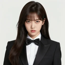 portrait of a beautiful korean girl wearing a men's tuxedo, with long hair and bangs,  angular features, angry expression, digital art, elegant pose, detailed illustration