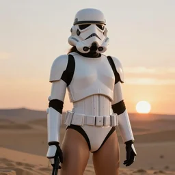a portrait of a beautiful female stormtrooper, swimsuit issue style, inviting pose, hyperrealistic, hdr, 8 k, volumetric lighting, tatooine sunset, bokeh, vray render, photorealistic - h 9 6 0