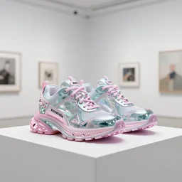 a pair of shoes ,19 centenary,designed by balenciaga,glass material,inside a white gallery ,pastel colors,decorated by pink crystal ,3d render ,fashion design ,highly detailed, hyper realistic,keyshot render,octane render,redshift,hdri, 4k -