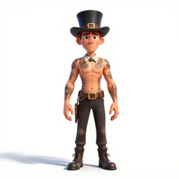 tattooed circus ringmaster, stylized pixar-style 3d render, full body, standing, isolated on a pure white background, centered, whole figure in frame, sharp focus, studio lighting
