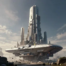 cinematic scifi render of a 3 d sculpt of a gigantic huge cyberpunk john harris aircraft carrier megalithic tower structure city, beeple, halo, star wars, ilm, star citizen, halo, mass effect, high tech industrial, artstation unreal, dramatic powerful sky, volumetric lighting