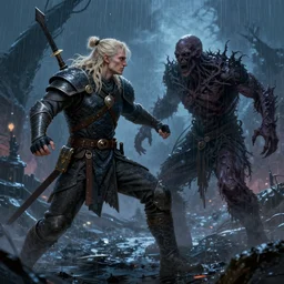 geralt the rivia after a fight with a ghoul during a cold rainy night, highly detailed, digital painting, trending artstation, concept art, illustration, cinematic lighting, vibrant colors, photorealism, epic, octane render.