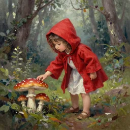 little red hood picking mushrooms in the magic forest,oil painting.