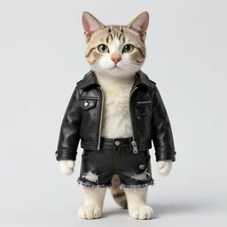 tattooed cat, wearing scratched and ripped leather shorts and a short jacket full of stamps and stitches, character sheet, fine details, concept design, contrast, kim jung gi, greg rutkowski, trending on artstation, 8 k, full body, turnaround, front view, back view, ultra wide angle