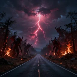 road of darkness with souls on a cloudy night surrounded by burning trees and demonic entities with red lightning in sky 4 k 3 0 mm ray tracing