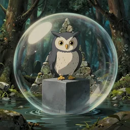 pov hyperrealist, dull colors, interior shot from howls moving castle 2 0 0 4 of a grey owl perched on a grey cube inside a cubic bubble in a flooded woodland stonehenge pyramid. bubble.